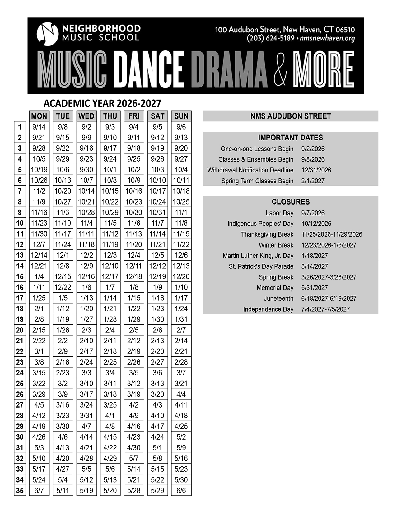 Neighborhood Music School | Academic Calendar